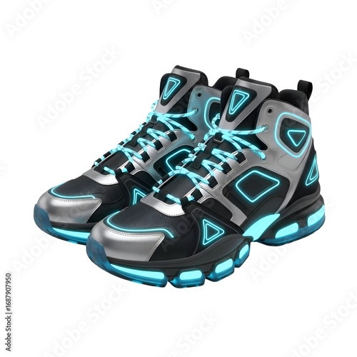 Futuristic Sneakers with Glowing Laces and Transparent Background Design