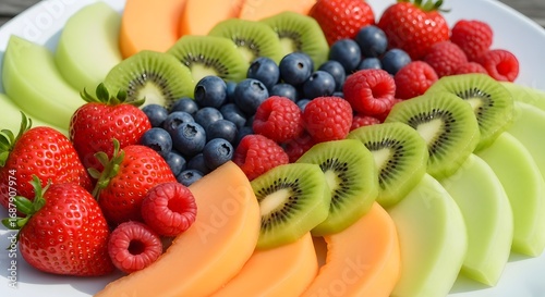 Colorful fruit platter with assorted berries, melon and kiwi on a white plate, bright daylight.