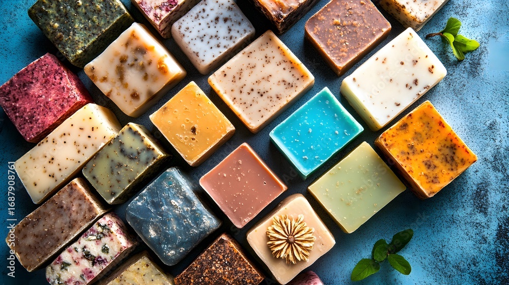 Fototapeta premium Artisan Handmade Soap Bars Collection, Variety of Colors and Scents, Natural Organic Bath Products
