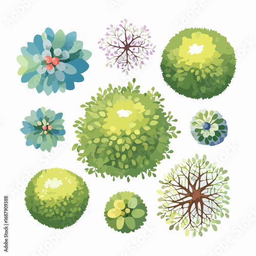 Set of watercolor tree top view for landscape plan and architecture layout drawing