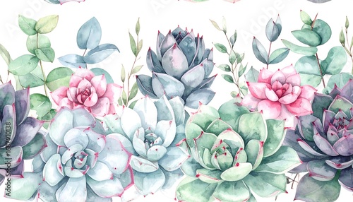 Watercolor succulent and eucalyptus border pattern