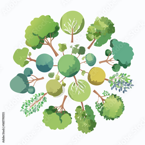 Vector watercolor tree or forest top view isolated on white background for landscape and architecture drawing,elements for environment and garden,botanical for section in spri