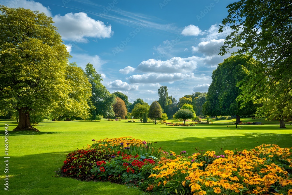 Naklejka premium Lush Green Park Landscape with Colorful Flower Beds and Blue Sky in Daylight