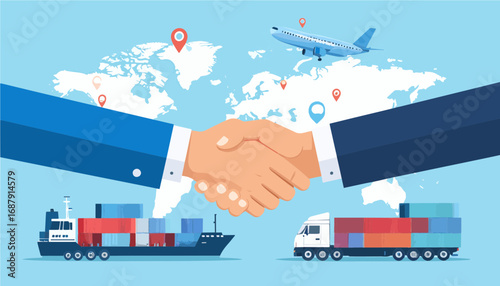 Business handshake with logistics icons vector representing global export-import partnership