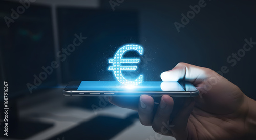 Hand Holding Smartphone with Glowing Blue Euro Symbol - Digital Finance, Mobile Banking, and Online Currency Concept in a Futuristic Tech Environment