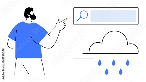 Man gestures toward a search bar paired with a cloud and raindrops, signifying weather search or data exploration. Ideal for weather apps, search tools, climate, technology, forecast, digital