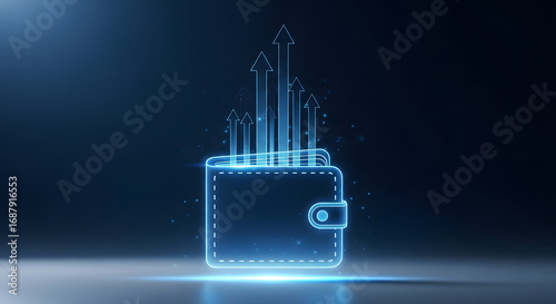 Futuristic Digital Wallet with Upward Arrows - Glowing Blue Icon Symbolizing Financial Growth, Investment, and Economic Prosperity in a Tech-Driven...