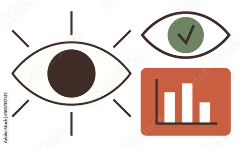 Eye with radiating lines, validated eye sign with checkmark, and bar chart. Ideal for data analysis, vision, validation, review, measurement oversight insights. Clean simple flat metaphor