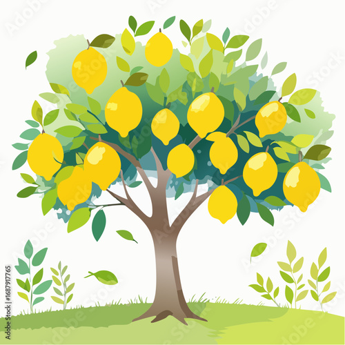 Vector watercolor of lemon tree side view isolated on white background for landscape and architecture drawing, elements for environment and garden, painting botanical for secti