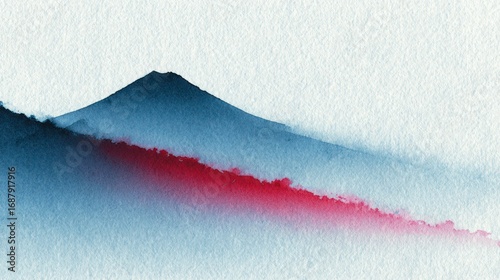 Abstract watercolor landscape depicts a blue mountain with a red gradient below, serene and peaceful