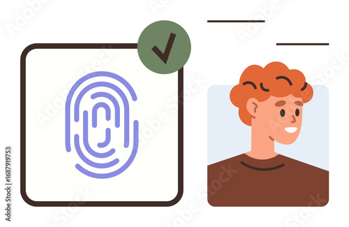 Digital fingerprint icon next to a user profile illustration. Ideal for authentication, identity, security, privacy, technology, biometrics, and verification concepts. Simple flat metaphor
