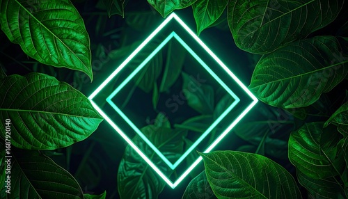 Glowing neon square frame within lush green foliage