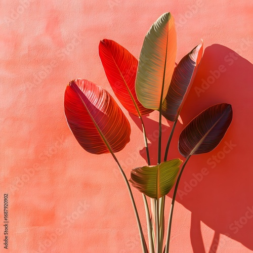 Vibrant Red Tropical Leaves Against Coral Wall