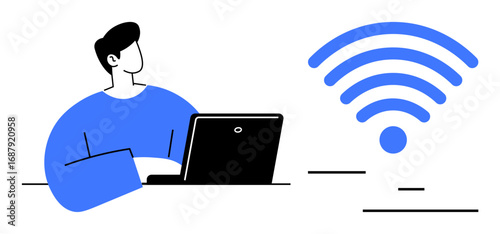 Man working on laptop beside large wireless signal symbol, emphasizing digital connectivity. Ideal for technology, remote work, online communication, internet services, productivity, network, simple