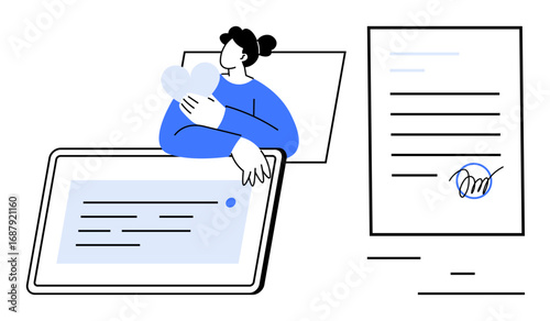 Woman embracing heart while interacting with tablet displaying text, adjacent to signed document. Ideal for technology, contracts, digitalization, love, agreements, online security, simple landing