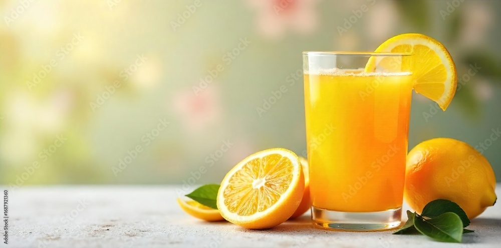 Fototapeta premium Refreshing glass of freshly squeezed orange and lemon juice, vibrant citrus colors, healthy breakfast drink, perfect for summer , organic, fruit juice, citrus juice
