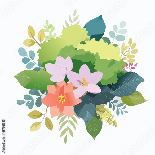 Isolated Vector Illustration of Watercolor Blooming Flower and Tree, Aerial View on White Background, Ideal for Landscape and Architectural Designs, Botanical Elements for Autumn Gardens