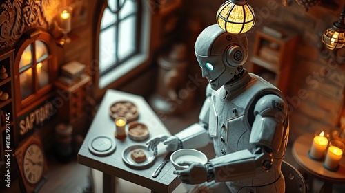 Robot enjoying breakfast with cozy room.