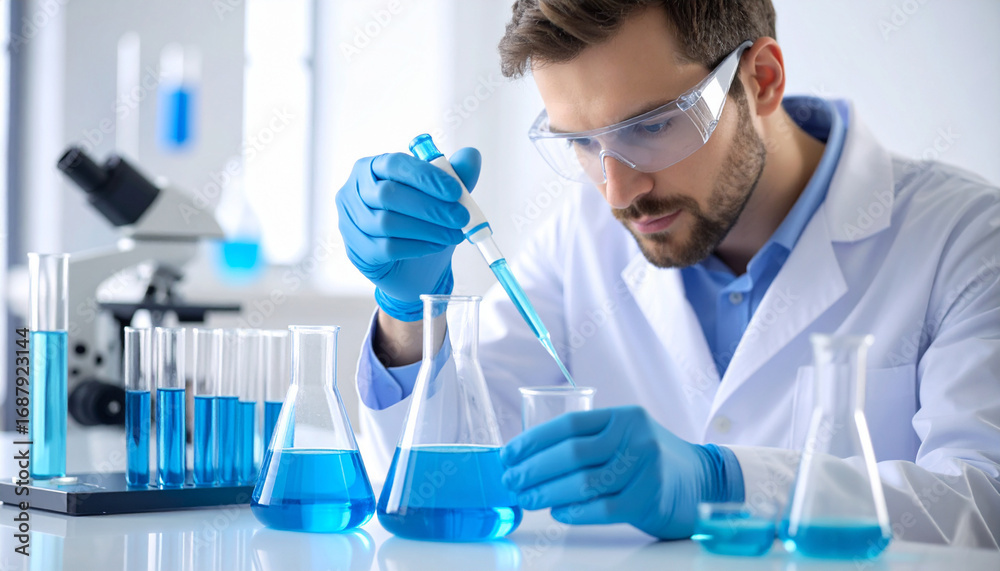 Fototapeta premium Scientist conducting experiment with blue liquid in laboratory setting, research concept