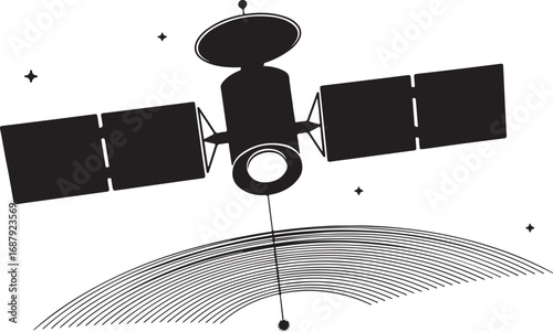 Satellite Orbiting Earth with Communication Waves and Stars in Space Black and White Vector