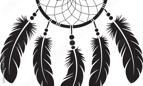 Detailed Dreamcatcher Silhouette with Feathers and Beads on Transparent Background Vector Art