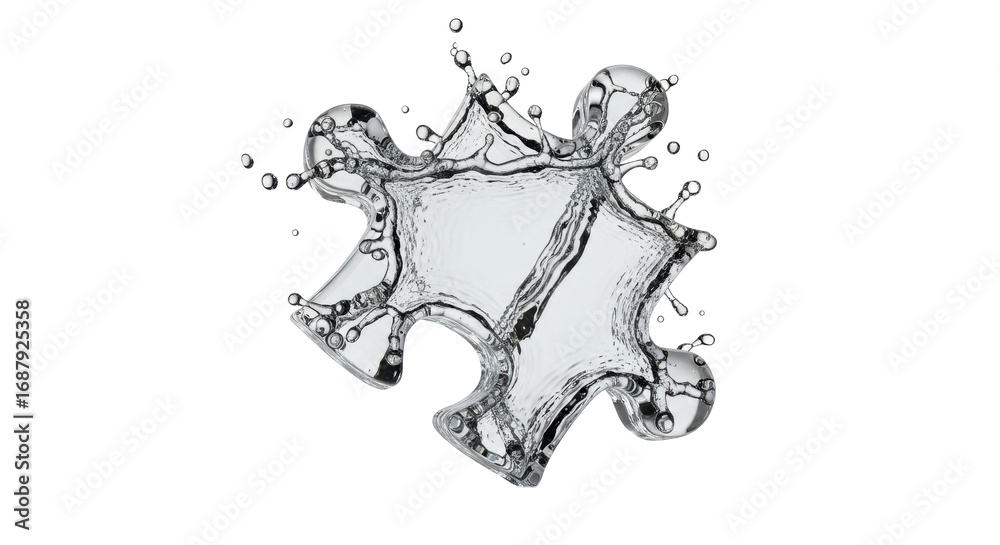 Fototapeta premium A water splash shaped like a puzzle piece, isolated on white background, showing droplets.
