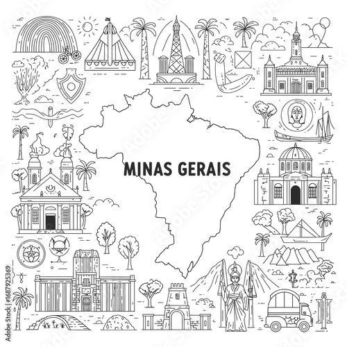 minas gerais state brazil map showing landmark icons great for travel and culture website illustrations