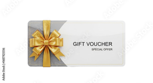 A gift voucher with a gold bow, offering a special promotion, isolated on white.