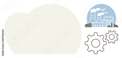 Factory with smoking chimneys and gears representing industry, automation, manufacturing, and energy. Ideal for pollution, engineering, industrialization, climate impact, productivity carbon