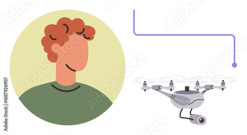 Person with curly hair next to flying Quadcopter featuring camera and hover propellers, connected by a line. Ideal for technology, innovation, surveillance, security, monitoring, control, futuristic