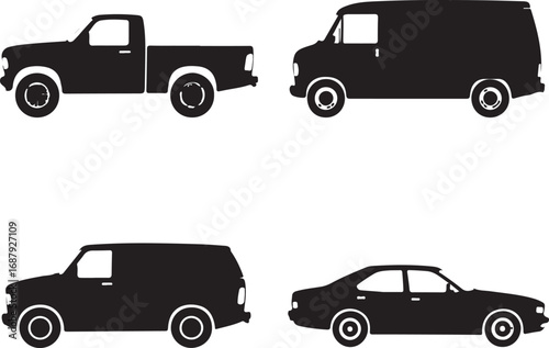 Black vehicle silhouettes pickup truck sedan