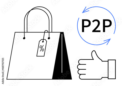 Shopping bag with percentage tag and P2P recycling arrows, alongside a thumbs-up. Ideal for e-commerce, retail, sales, peer marketing, sustainability, approval, simple landing page