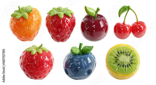 Colorful Fruits Collection in Glossy Style with Transparent Background