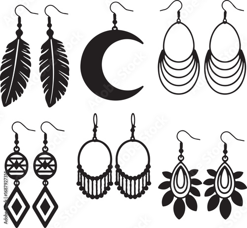 Feather crescent hoop diamond floral earrings crescent moon