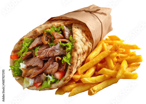 A gyros wrap with fries.  Delicious meat,  fresh greens, and  crispy golden fries
