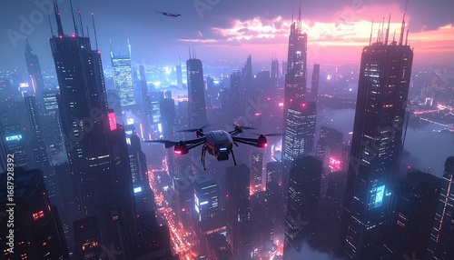 Futuristic Cityscape at Dusk: Drone Flight Over Neon Towers