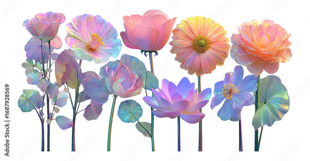 Obraz premium Colorful Floral Illustration with Various Shapes and Styles on Transparent Background