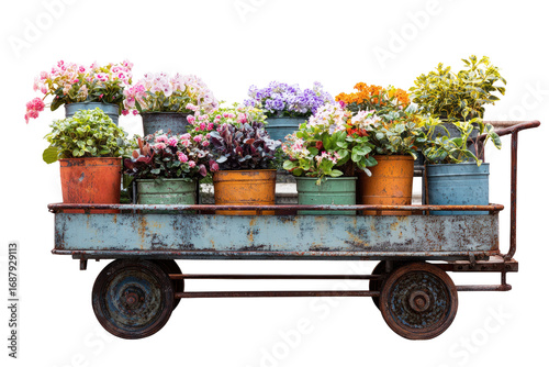 Vintage metal cart overflowing with colorful flower pots