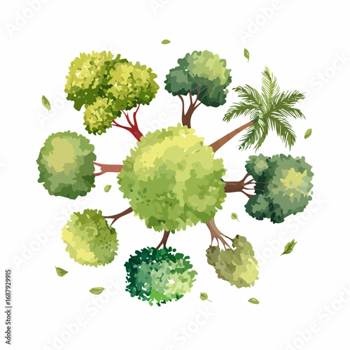 Collection of Watercolor Aerial Views of Trees for Landscape and Architectural Design Layouts