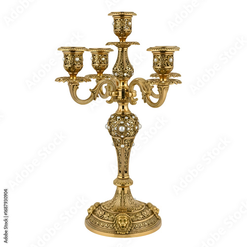 Ornate Gold Candelabra with Five Candle Holders,  Lion Base, Pearl Accents, Exquisite Detailing,  Transparent Background