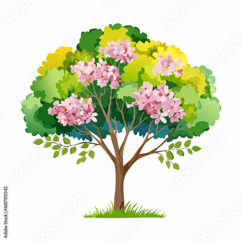 Vector watercolor blooming flower tree or forest side view isolated on white background for landscape and architecture drawing,elements for environment or and garden,botanical for section in .
