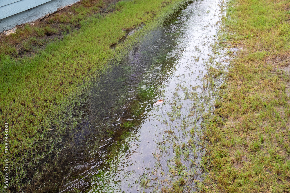 Yard is flooded with water after a severe rainstorm Yard is flooded with water after a severe rainstorm