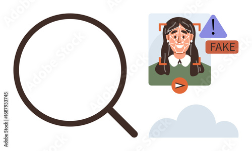 Magnifying glass near face scan with warning icons highlighting deepfake content detection. Ideal for technology, cybersecurity, artificial intelligence, deepfake awareness, identity verification