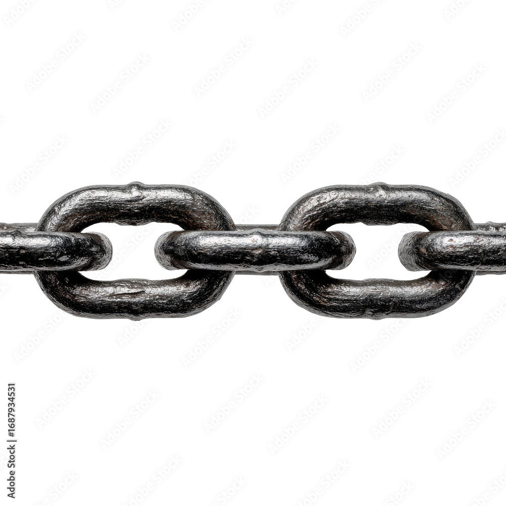 Obraz premium Close-up of a heavy-duty metal chain against a black background. The chain links are tightly connected, showing signs of wear and age