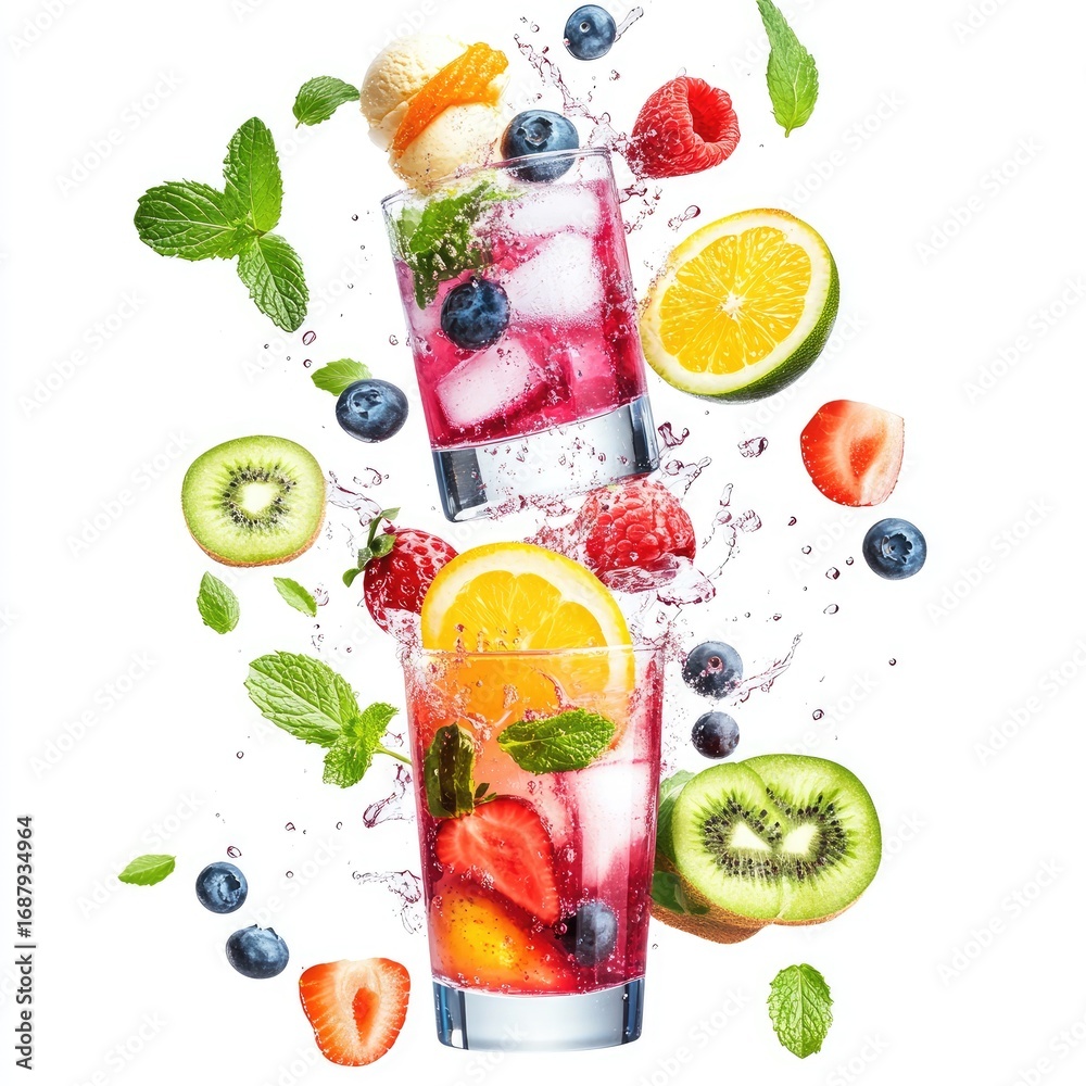 custom made wallpaper toronto digitalA refreshing collage of colorful fruit cocktails, juices, and isolated citrus slices on a white background