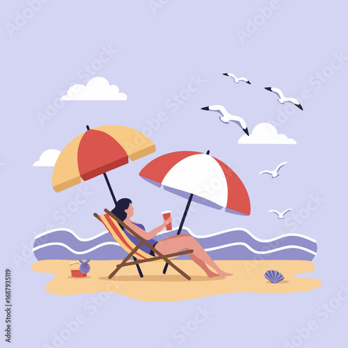 A woman relaxing on a beach chair under an umbrella, enjoying a drink by the ocean with seagulls overhead