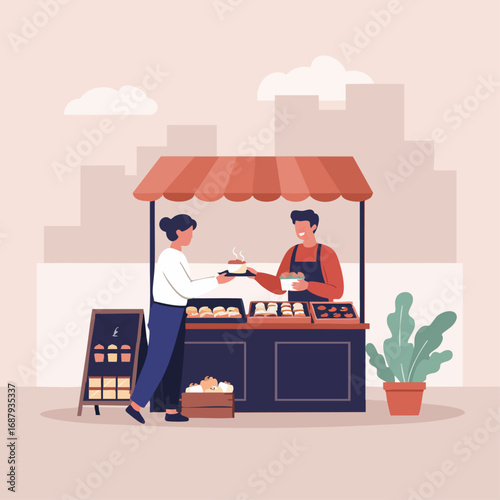 Outdoor Market Vendor Serving Customer with Fresh Baked Goods in City Scene