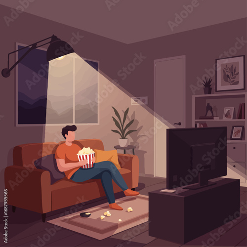 Cozy Evening at Home Relaxing on the Couch Watching TV with Snacks and Good Lighting