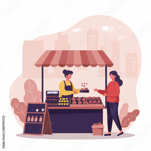 Local Market Scene Vendor Selling Produce to a Customer with a Cityscape Background