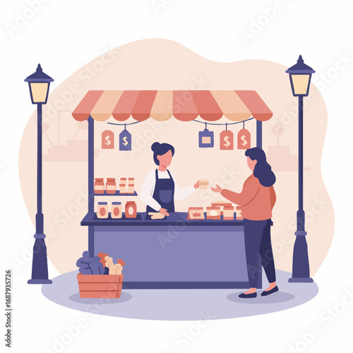 Market Vendor Serving Customer at Outdoor Stall in a City Park